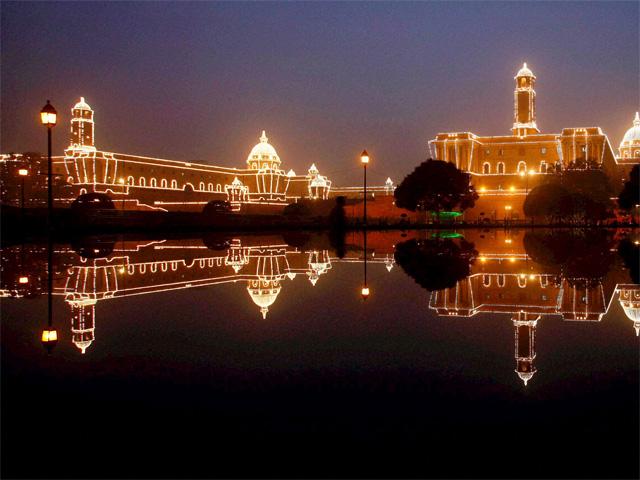 A view of illuminated Presiednt's House, North Block and South Block decorated as part of celebrations of Republic Day Parade