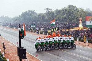 Border Security Force (BSF) motorcycle specialists perform during the Republic Day Parade in New Delhi on January 26, 2015