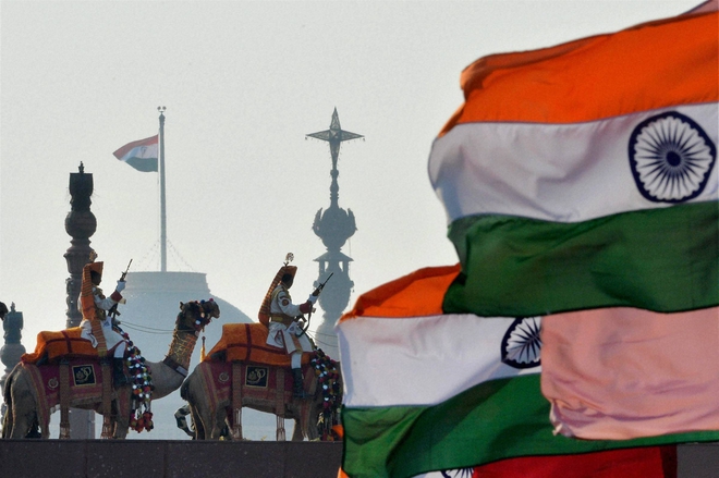 Camel mounted BSF soldiers at the Beating Retreat ceremony at Vijay Chowk in New Delhi