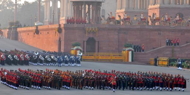 Defence band performing during the Beating Retreat ceremony at Vijay Chowk in New Delhi
