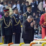 President Pranab Mukherjee paying tributes to Mahatma Gandhi on his death anniversary, observed as Martyrs' Day, at Rajghat in New Delhi on January 30, 201