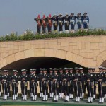 Services' bands perform to pay tributes to Mahatma Gandhi on his death anniversary, observed as Martyrs' Day, at Rajghat in New Delhi on January 30, 2015