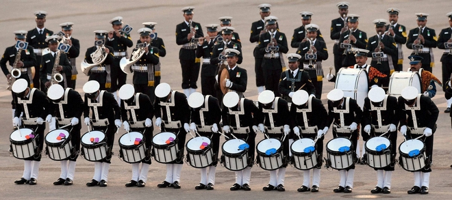 The Navy band performs at the Beating Retreat ceremony at Vijay Chowk in New Delhi on January 29, 2015