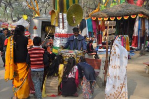 Visitors being shown movies in a bioscope at the Surajkund International Crafts Mela in Faridabad in Haryana on February 6