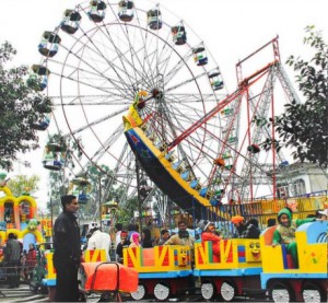 Children enjoy on swings during the fair held at the occassion of Guru Ravidas Jayanti in Jalandhar