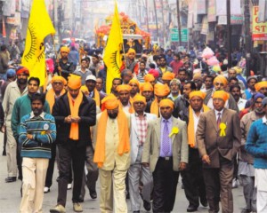 Devotees take out a procession ahead of Ravidas Jayanti in Bathinda
