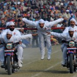 Punjab Police bikers perform on the concluding day of the 79th Kila Raipur Sports Festival at Kila Raipur village, Ludhiana