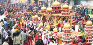 Thousands of devotees participate in a shobha yatra a day ahead of Guru Ravidas Jayanti in Jalandhar