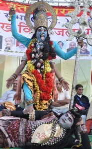 Artiste dressed up during a Shobha Yatra as part of the Ram Navmi celebrations in Jalandhar