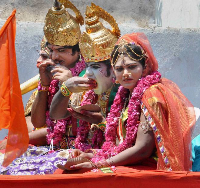 Devotees at a Ram Navmi procession in Hyderabad