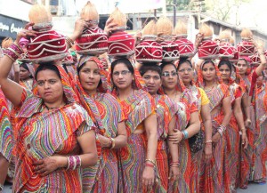 Devotees participate in a religious procession on the eve of Ram Navami in Bathinda