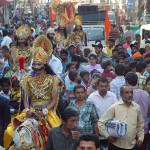 Devotees participating in a Shobha Yatra as part of the Ram Navmi celebrations in Jalandhar