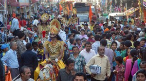 Devotees participating in a Shobha Yatra as part of the Ram Navmi celebrations in Jalandhar