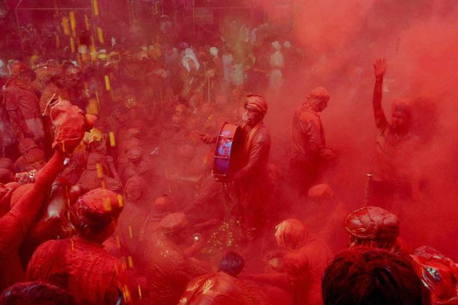 Lathmaar Holi at Sriji Temple Barsana, Mathura. It is played days before Holi in the neighbouring towns of Barsana and Nandgaon near Mathura