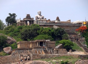Distant view of Gommateshvara Bahubali at Shravanabelagola, Hassan District, Karnataka