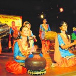 Students of BBK DAV College for women play folk instruments during the Youth Theatre Festival at Virsa Vihar in Amritsar