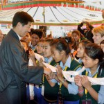 Exile Tibetans greet Lobsang Sangay on the opening day of 20th Shoton Festival at the Tibetan Institute of Performing Arts in Dharamsala