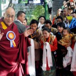 Spiritual leader Dalai Lama being greeted by exiled Tibetans during 20th Shoton Festival at Tibetan Institute of Performing Arts in Dharamsala