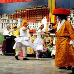 Tibetan artistes in traditional costumes perform opera at the 20th Shoton festival in McLeodganj on April 5, 2015