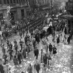 A crowd celebrates VE-Day in Ottawa, Ontario, May 8, 1945, in this handout photo provided by Library and Archives Canada.