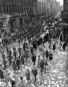 A crowd celebrates VE-Day in Ottawa, Ontario, May 8, 1945, in this handout photo provided by Library and Archives Canada.