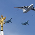 An Il-78 Midas air force tanker and Su-34 bombers fly in formation during the Victory Day parade above Red Square in Moscow, Russia, on May 9, 2015.