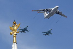 An Il-78 Midas air force tanker and Su-34 bombers fly in formation during the Victory Day parade above Red Square in Moscow, Russia, on May 9, 2015.