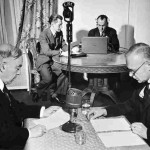 Canada's Prime Minister William Lyon Mackenzie King (L) and Minister of Justice Louis St. Laurent broadcast a message to Canada on VE-Day in an unknown location, May 8, 1945, in this handout photo provided by Library and Archives Canada. Seventy years ago, following the suicide of Nazi leader Adolf Hitler, Germany's head of state Karl Donitz signed his country's surrender to Allied forces in Reims, France on May 7, 1945 and in Berlin on May 8, 1945.