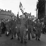 Canadian soldiers celebrate VE-Day at Piccadilly Circus, London, May 8,1945, in this handout photo provided by Library and Archives Canada.