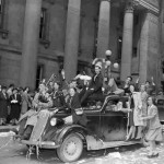 Military personnel and civilians celebrate VE-Day on Sparks Street in Ottawa, Ontario, May 8, 1945, in this handout photo provided by Canada Department of National Defence.