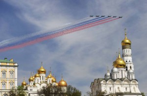 Russian Sukhoi Su-25 Frogfoot ground-attack planes fly in formation over the Red Square during the Victory Day parade in Moscow, Russia, on May 9, 2015.