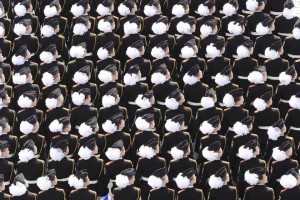 Russian female cadets march during the Victory Day parade at Red Square in Moscow, Russia, on May 9, 2015.