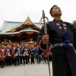 Shrine parishioners gather before a parade to mark the Kanda festival at the Kanda-Myojin shrine in Tokyo on May 9, 2015.