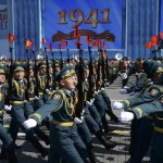 Soldiers of the National Guard of Kyrgyzstan march during the Victory Day parade at Red Square in Moscow, Russia, on May 9, 2015.