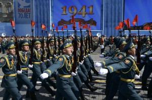 Soldiers of the National Guard of Kyrgyzstan march during the Victory Day parade at Red Square in Moscow, Russia, on May 9, 2015.