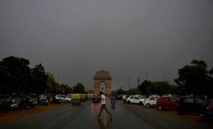 A view of Raisina Hill as the weather turns cloudy and rainy in New Delhi