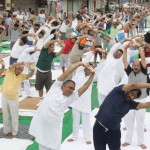 MLA KD Bhandari, mayor Sunil Jyoti, MLA Manoranjan Kalia and former Mayor Rakesh Rathore practise yoga to mark the International Yoga Day in Jalandhar on June 21, 2015