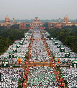 Thousands of participants practise yoga at a mass session at Rajpath to mark the first International Yoga Day in New Delhi on June 15, 2015
