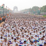 Thousands of participants practise yoga to mark the first International Yoga Day at Rajpath in New Delhi on June 21, 2015
