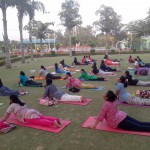 Yoga students performing surya namaskar at DDA sports complex Rohini on 19th June, 2015