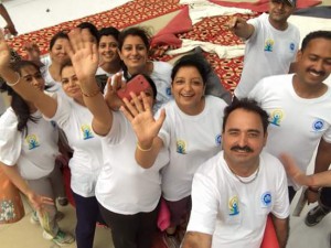 Yogacharya Devender Singh and his students celebrating International Yoga Day at Rohini Sports Complex, New Delhi