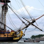 A replica of the Hermione, the 18th century ship that brought French General Lafayette to America, sails the waters off New York on July 4, 2015, leading a flotilla marking the US Independence Day. The faithful reproduction of the majestic French frigate glided past New York's famed Verrazano Bridge, State of Liberty and Manhattan skyline, where it was joined by scores of other boats and ships.