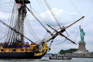A replica of the Hermione, the 18th century ship that brought French General Lafayette to America, sails the waters off New York on July 4, 2015, leading a flotilla marking the US Independence Day. The faithful reproduction of the majestic French frigate glided past New York's famed Verrazano Bridge, State of Liberty and Manhattan skyline, where it was joined by scores of other boats and ships.