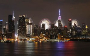 Fireworks light up the New York City skyline during 39th annual Macy's 4th of July fireworks for Independence Day as seen from Weehawken, New Jersey on July 4, 2015.