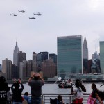 Four New York Police Department (NYPD) helicopters fly over Manhattan before the fireworks display on July 4, 2015 in New York to celebrate Independence Day. The US is ramping up security across the country and urging people to stay alert over the Independence Day holiday weekend over fears of a terrorist threat.