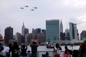 Four New York Police Department (NYPD) helicopters fly over Manhattan