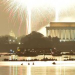 Fireworks illuminate the night sky and Reflecting Pool before the Lincoln Memorial, Washington Monument and US Capitol in celebration of Independence Day in Washington, DC on July 4, 2015.