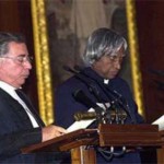 Dr APJ Abdul Kalam (right) being sworn in by Chief Justice of India BN Kirpal in the Central Hall of Parliament on July 25, 2002.