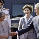 Kalam shakes hands with former US president George W Bush, right, as first lady Laura Bush, second right, looks on during Bush's ceremonial welcome at the Presidential Palace in New Delhi on March 2, 2006.