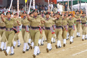 NCC cadets take part in a march past during the state-level Independence Day function at Dronacharya Stadium in Kurukshetra